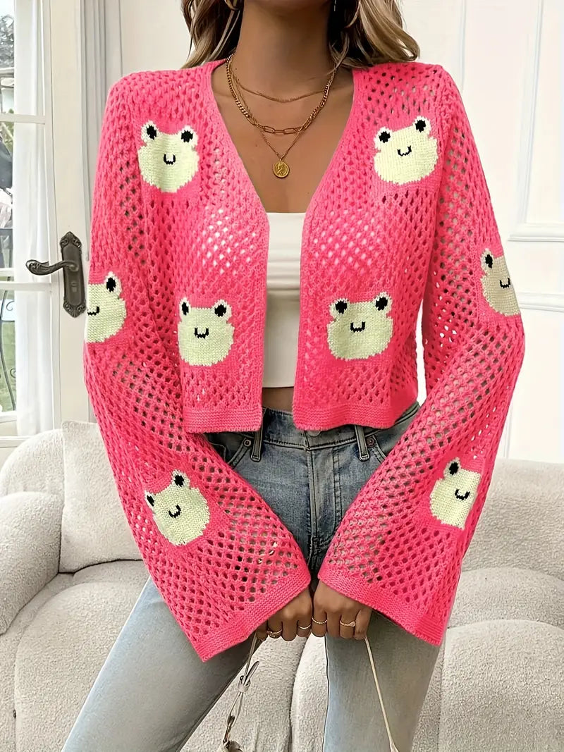 Serie - Roztomilý otvorený pletený sveter s motívom žaby pre veselý vzhľad