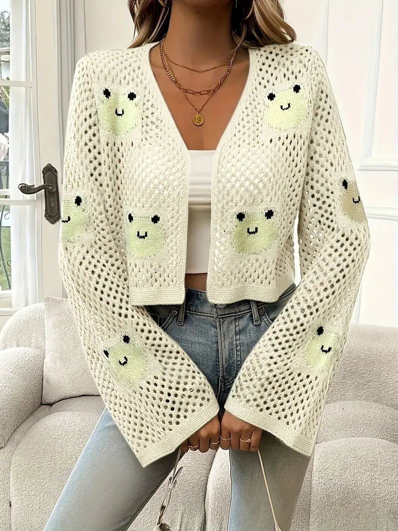 Serie - Roztomilý otvorený pletený sveter s motívom žaby pre veselý vzhľad