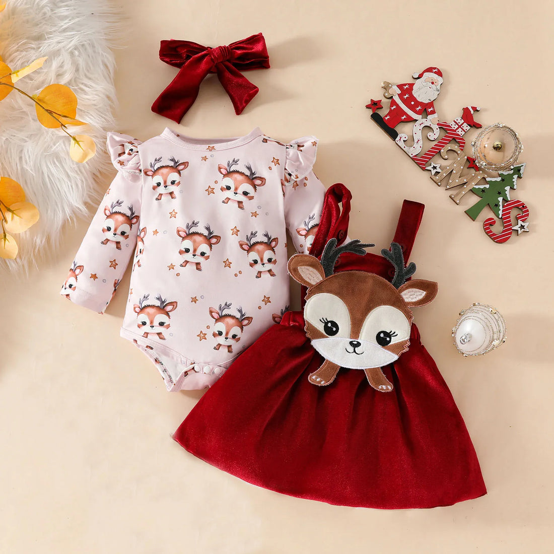 3-delige kerstoutfit voor babymeisjes met cartoonprint, jarreteljurkje en hoofdband 0