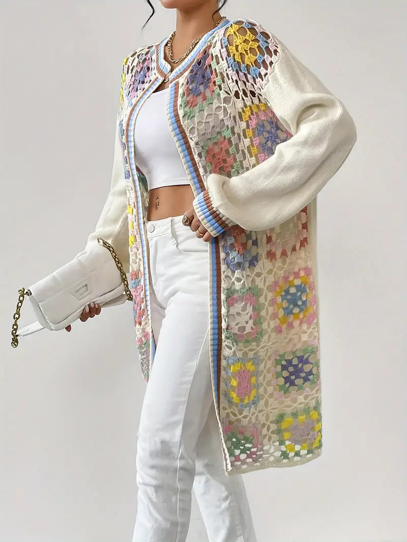 Renny - Živý háčkovaný kardigán s klesajúcim ramenom pre trendový vzhľad