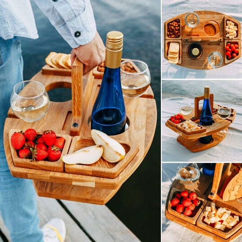Prenosný drevený piknikový vínny stôl – WineNest