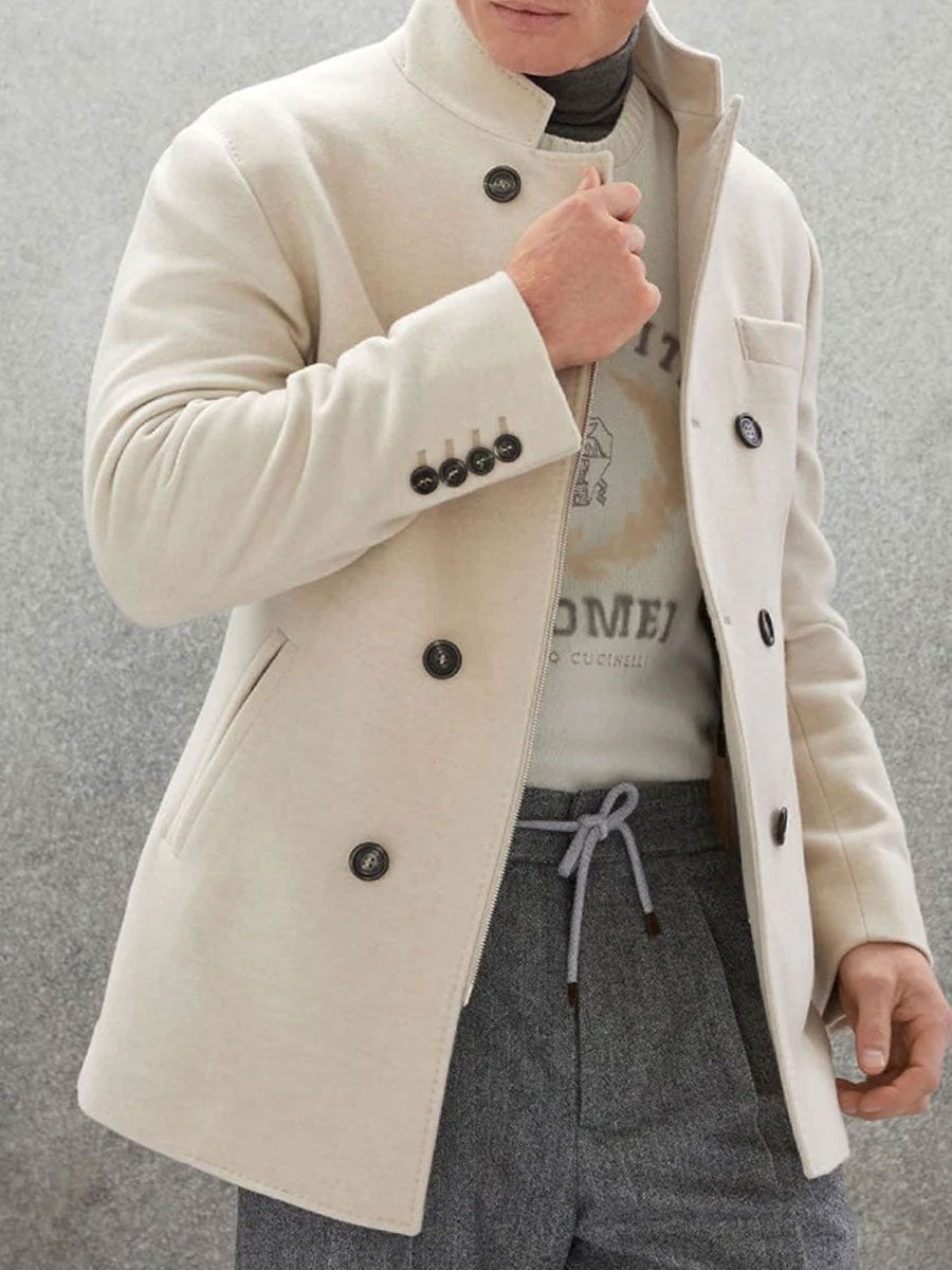 Retro bunda z hrubej vlny v jednej farbe, dvojradová, s viacerými vreckami, štýlová a teplá