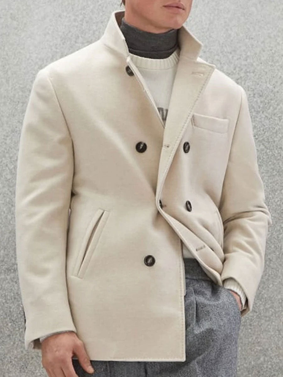 Retro bunda z hrubej vlny v jednej farbe, dvojradová, s viacerými vreckami, štýlová a teplá