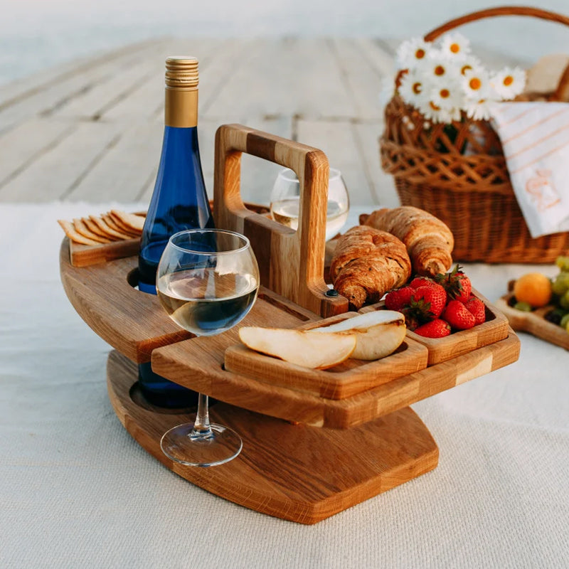 Prenosný drevený piknikový vínny stôl – WineNest