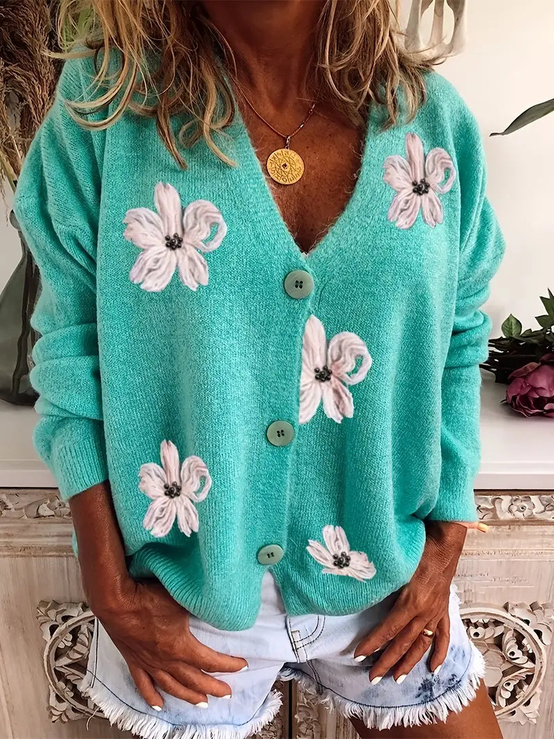 Halle pletený sveter s gombíkovým zapínaním a kvetinovým vzorom | Štýlová a elegantná móda