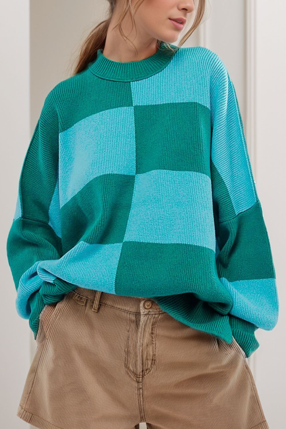 Pull-over à col rond bicolore avec manches longues - Pull-over à la mode