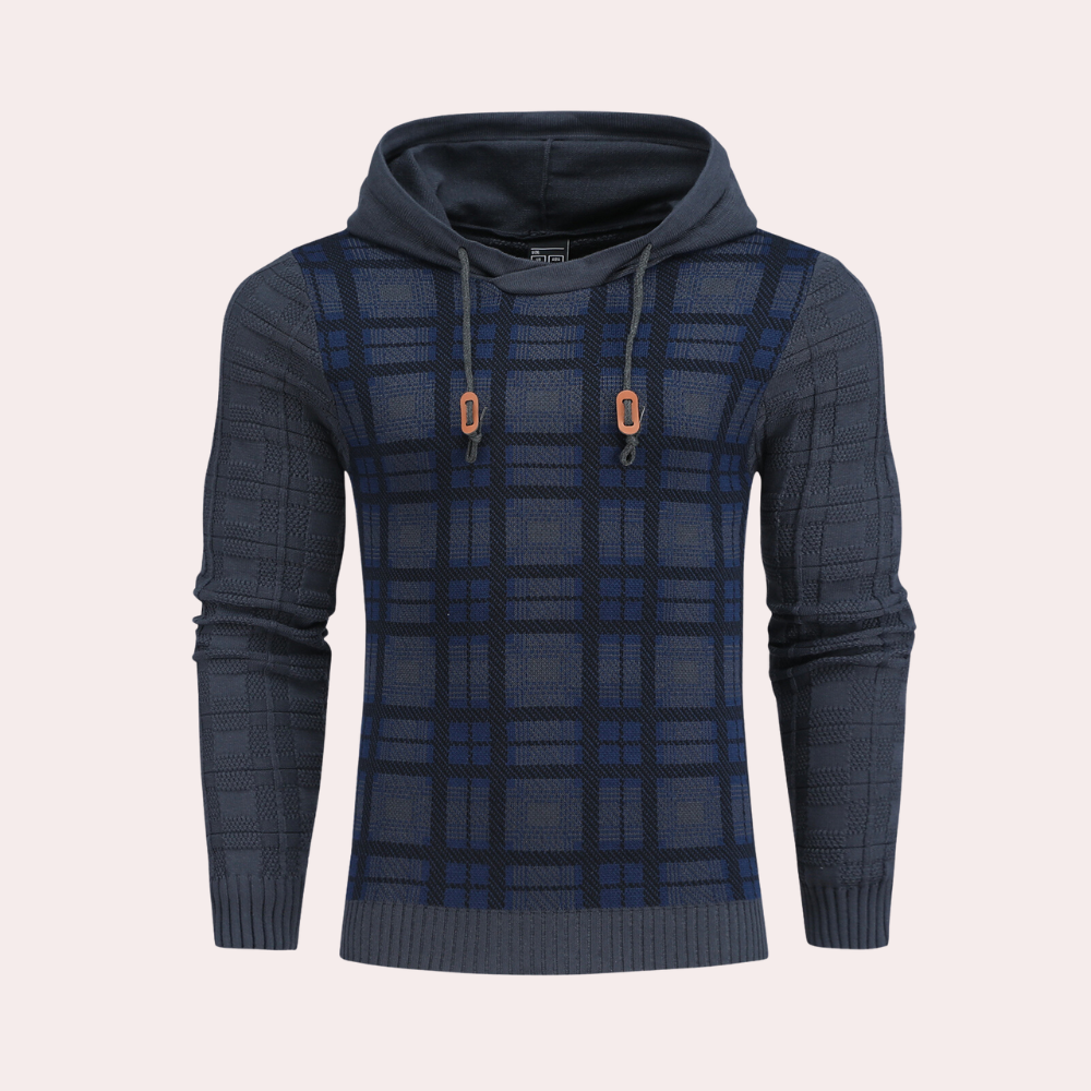 Emre - pánsky pletený sveter s kapucňou a károvaným vzorom