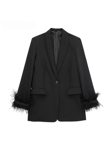 Schwarzer Blazermantel aus Vintage-Satin für Frauen - Yalinda
