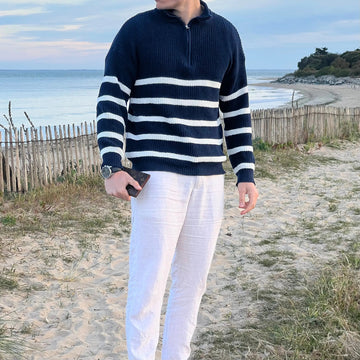 Yarrick Pullover – Stribet herrepullover med halv lynlås