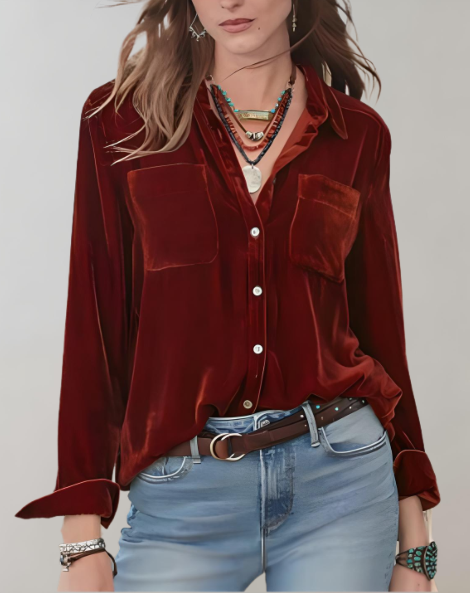 Fleur polo in velluto – elegante design a maniche lunghe con scollo a V profondo