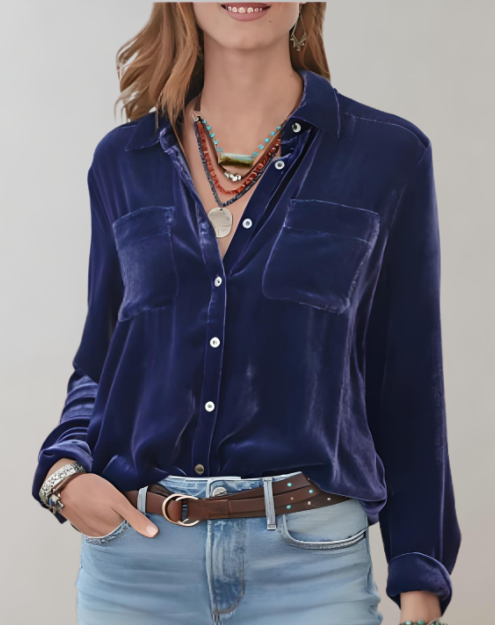 Fleur polo in velluto – elegante design a maniche lunghe con scollo a V profondo