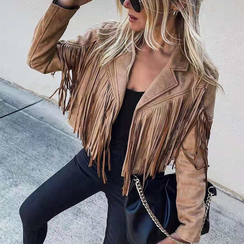 Katharina kožená bunda s strapcami – módny dámsky cardigan s strapcami