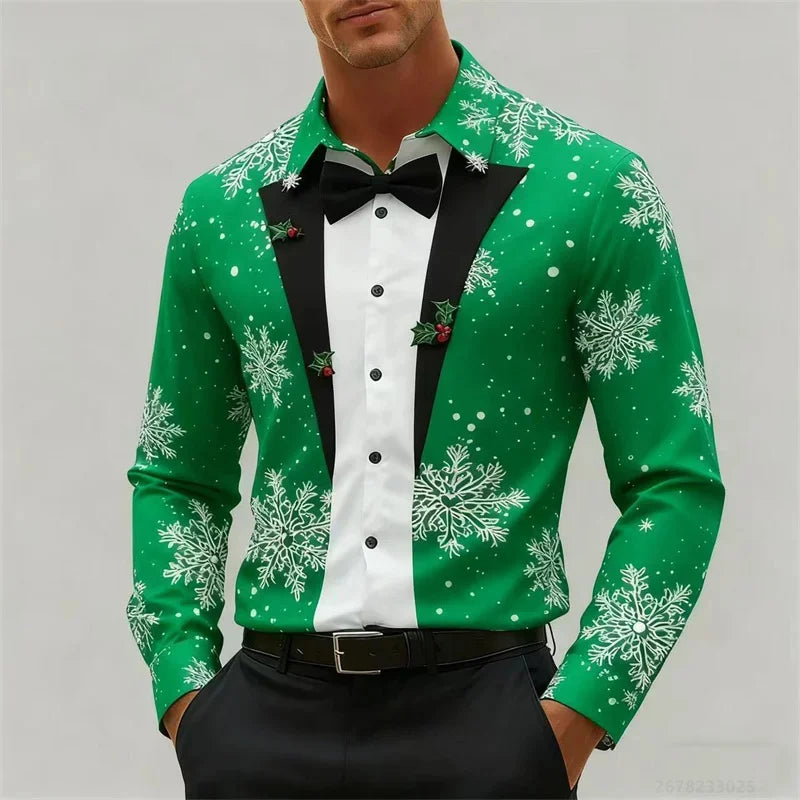 Heren Longsleeve T-Shirt met 3D Kerstboomprint voor Feestelijke Gelegenheden 16