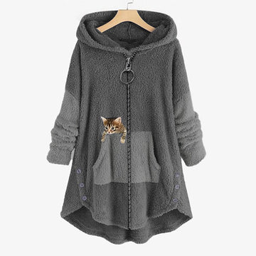 Damen Teddy-Mantel in süßer Katzenform – flauschig & modisch warm