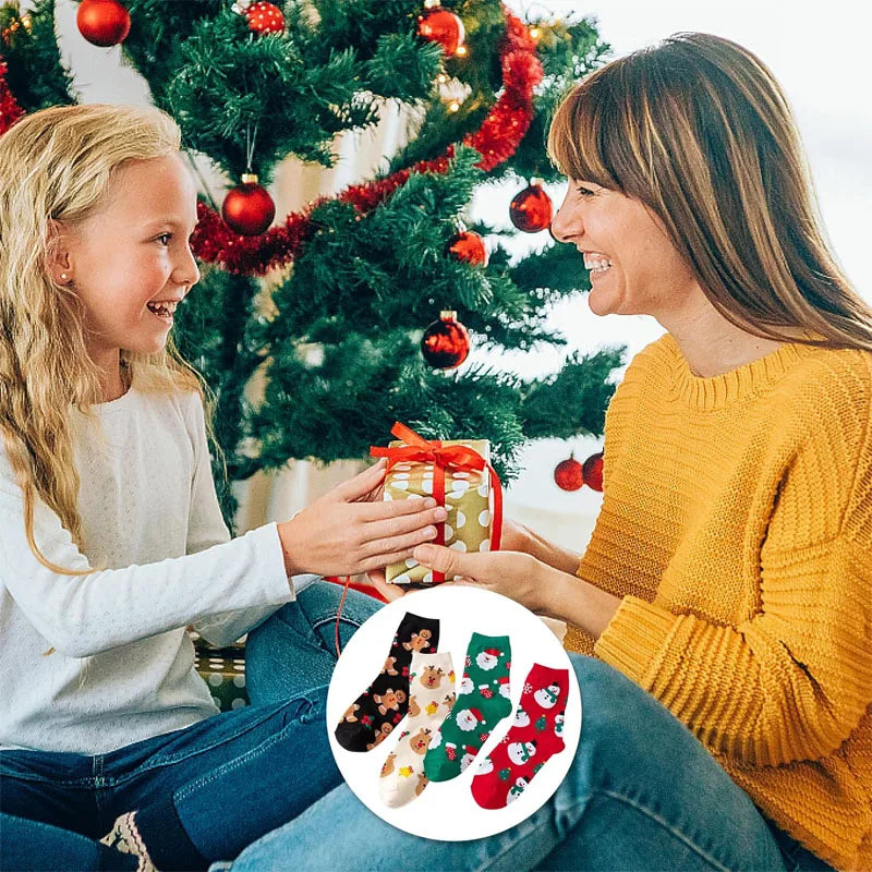 Kerstsokken voor Kinderen - 4 Paar Katoenen Sokken met Sneeuwvlokken en Elanden 5