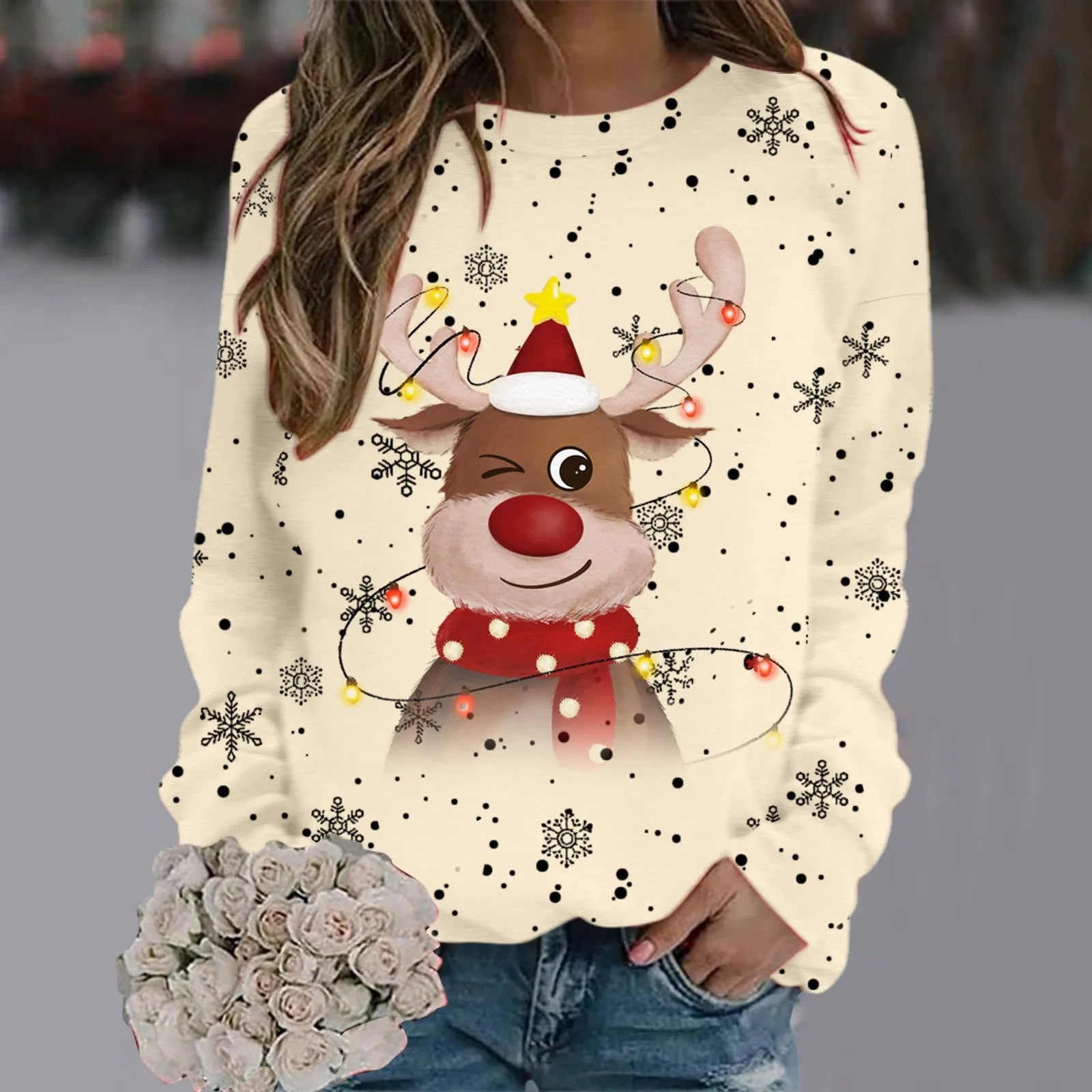 Kersttrui Dames 3D Sneeuwvlokken en Rendierhoofden, Comfortabele Pasvorm, 100% Polyester 11