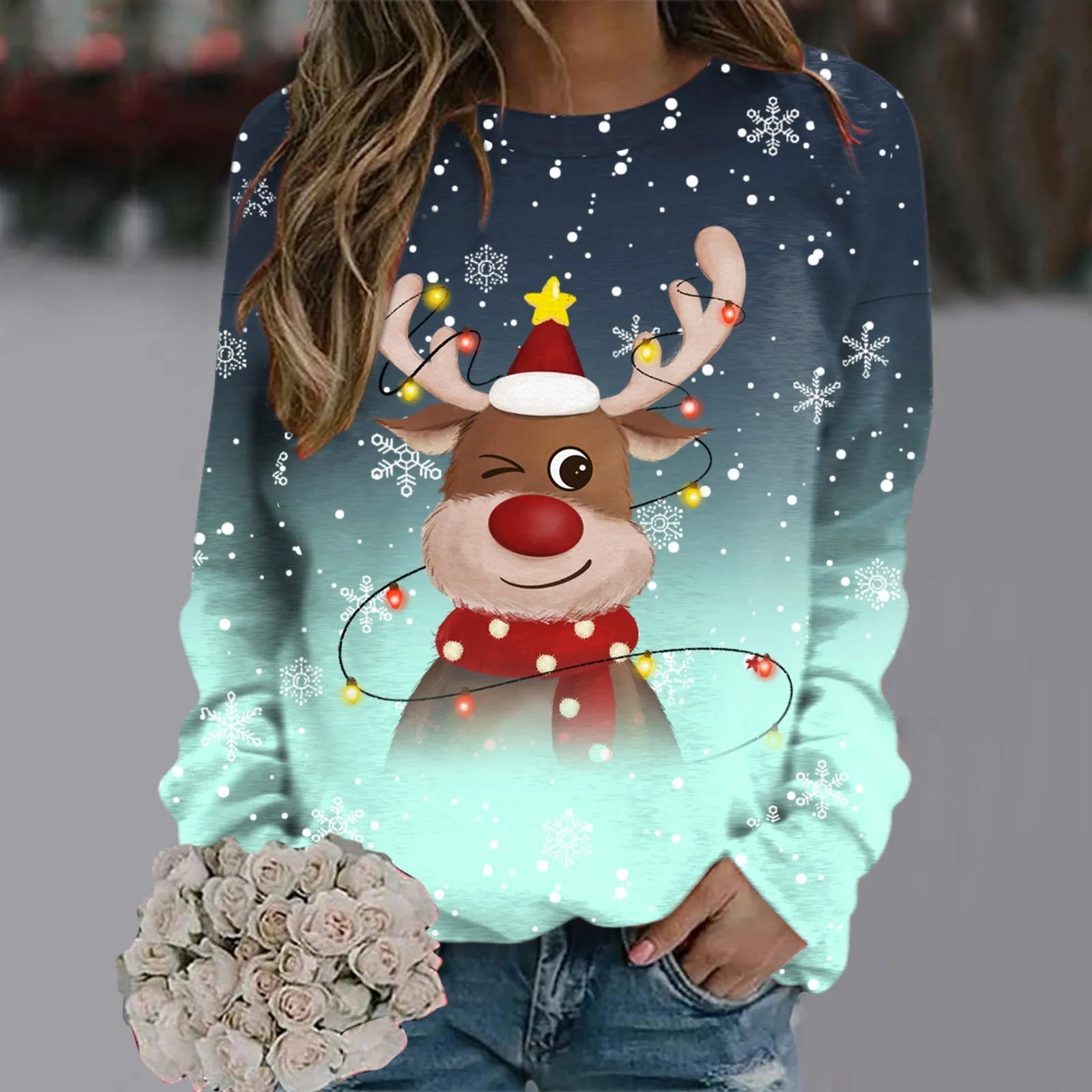 Kersttrui Dames 3D Sneeuwvlokken en Rendierhoofden, Comfortabele Pasvorm, 100% Polyester 13