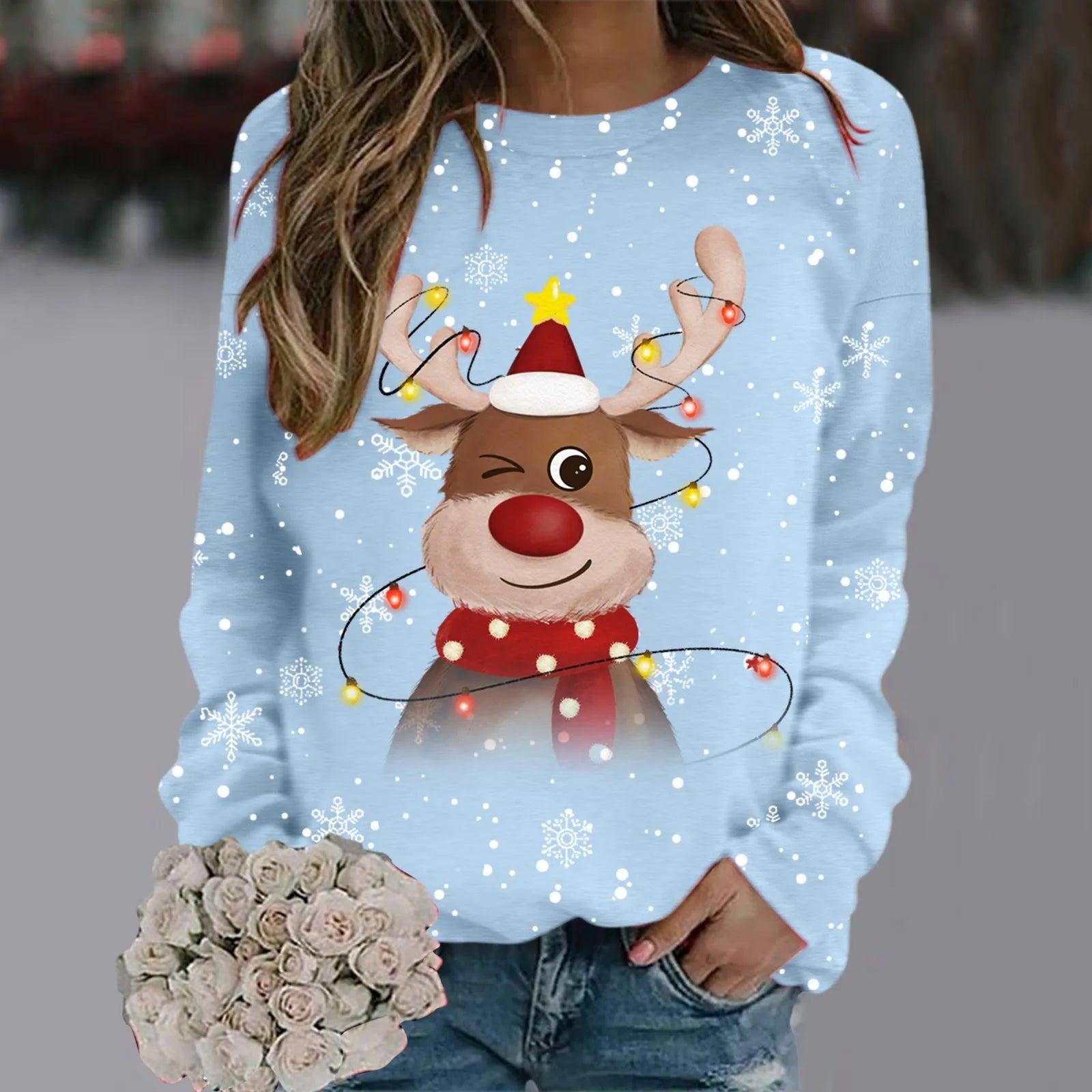 Kersttrui Dames 3D Sneeuwvlokken en Rendierhoofden, Comfortabele Pasvorm, 100% Polyester 2