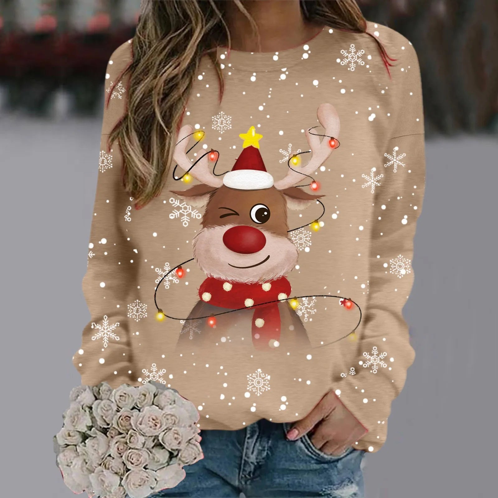 Kersttrui Dames 3D Sneeuwvlokken en Rendierhoofden, Comfortabele Pasvorm, 100% Polyester 3