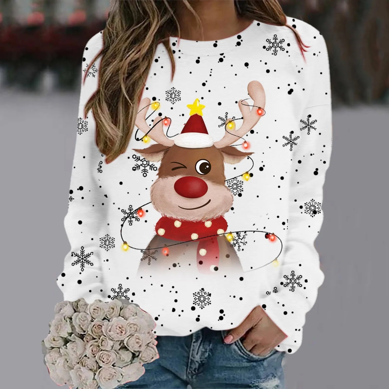 Kersttrui Dames 3D Sneeuwvlokken en Rendierhoofden, Comfortabele Pasvorm, 100% Polyester 7