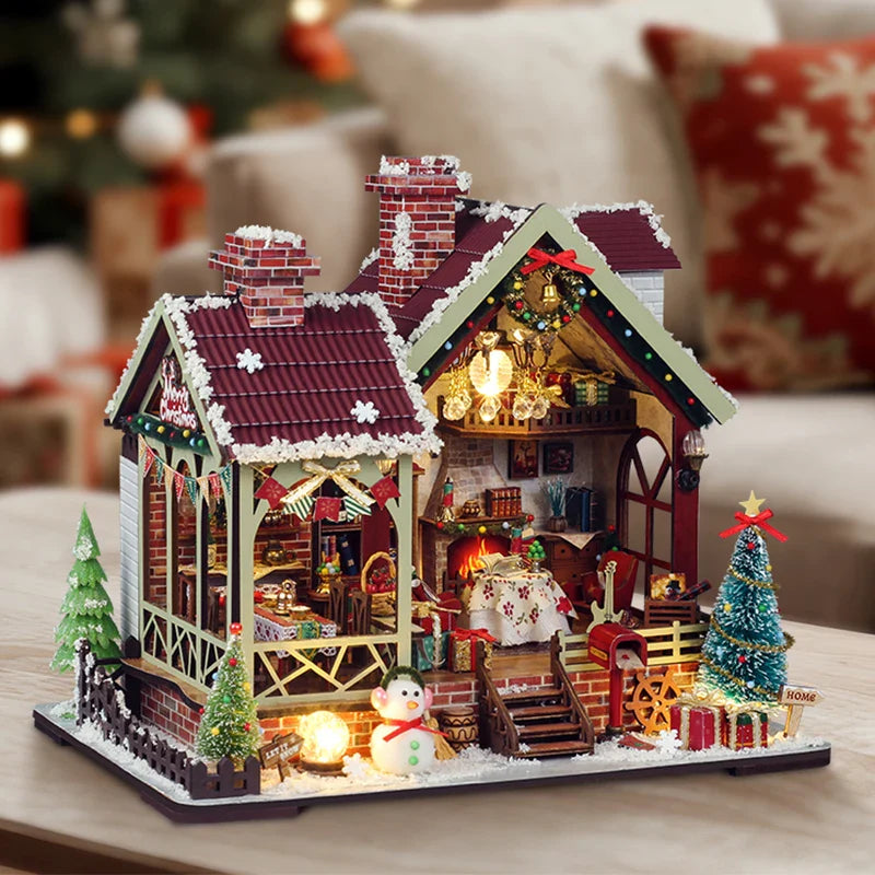 Miniatuur houten poppenhuis met LED-verlichting en meubels 0