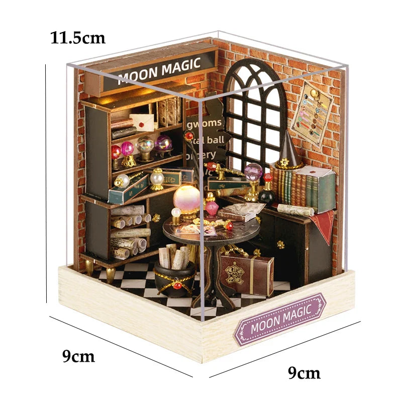 Miniatuur houten poppenhuis met LED-verlichting en meubels 11