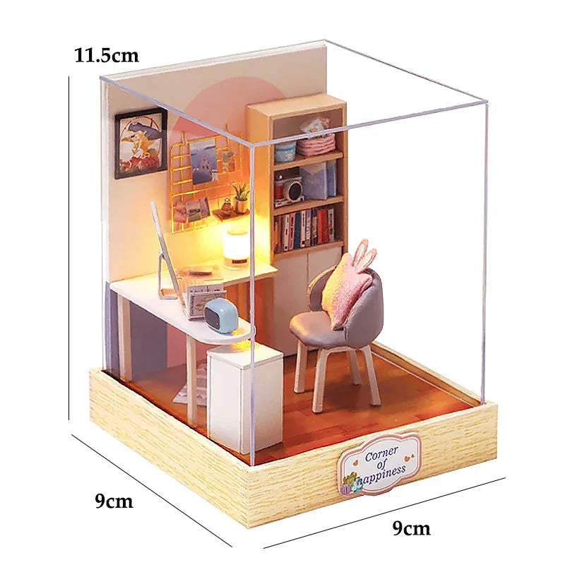 Miniatuur houten poppenhuis met LED-verlichting en meubels 13