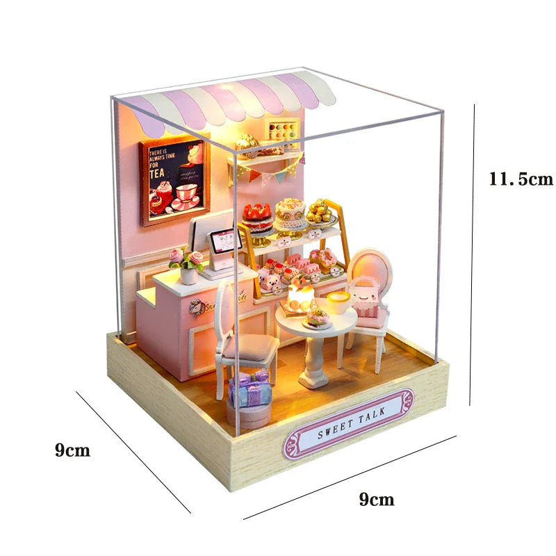 Miniatuur houten poppenhuis met LED-verlichting en meubels 16