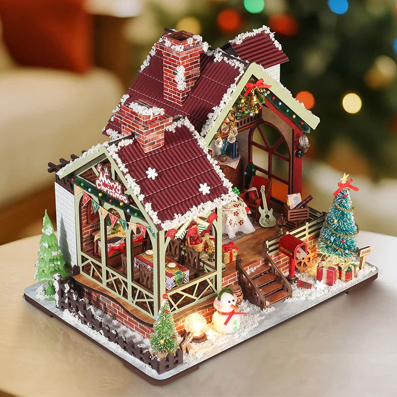 Miniatuur houten poppenhuis met LED-verlichting en meubels 2