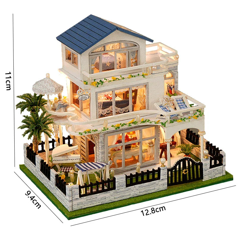 Miniatuur houten poppenhuis met LED-verlichting en meubels 21