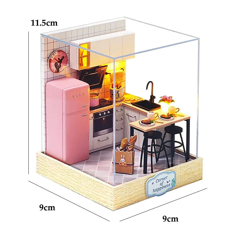 Miniatuur houten poppenhuis met LED-verlichting en meubels 26