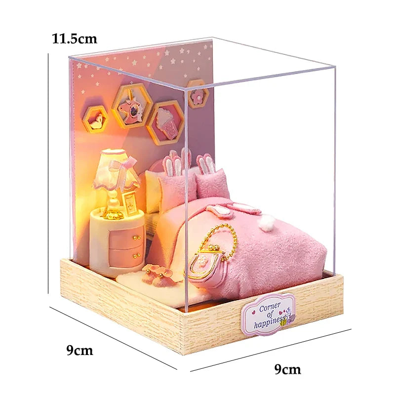 Miniatuur houten poppenhuis met LED-verlichting en meubels 8