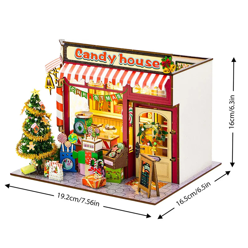Miniatuur houten poppenhuis met LED-verlichting en meubels 9