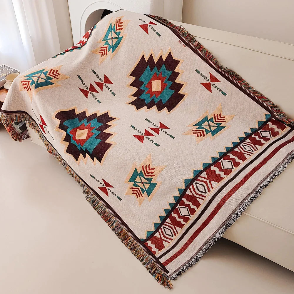 AztecLoom – Oversize boho prikrývka s strapcami z bavlneného mixu na pohovku a posteľ
