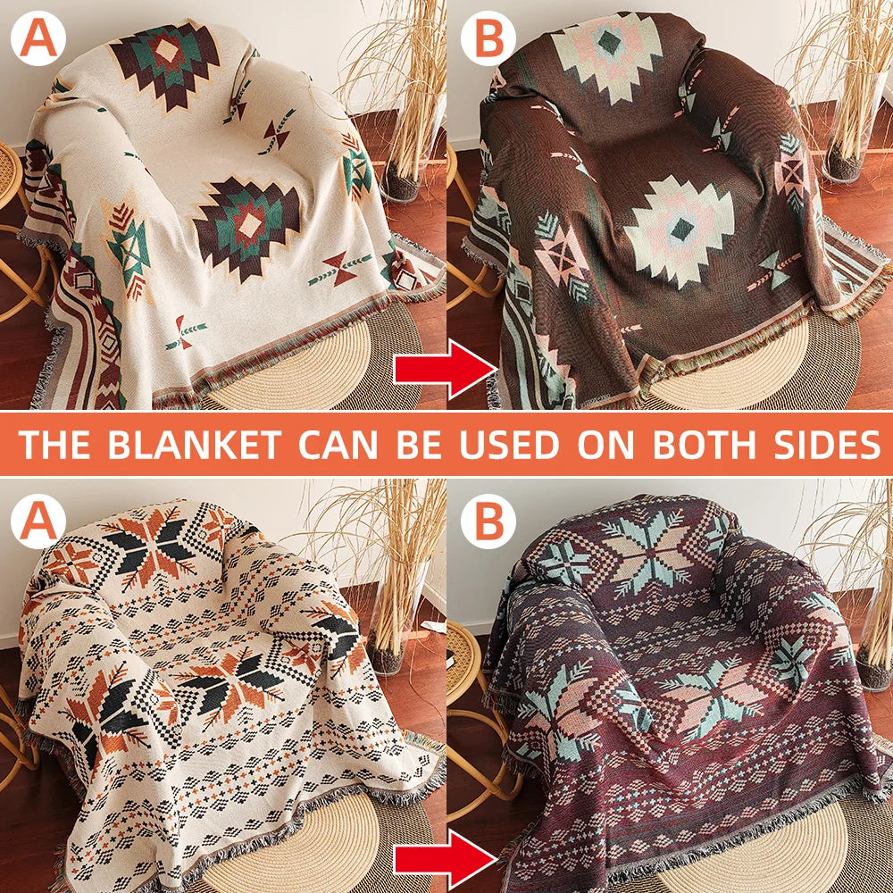 AztecLoom – Oversize boho prikrývka s strapcami z bavlneného mixu na pohovku a posteľ