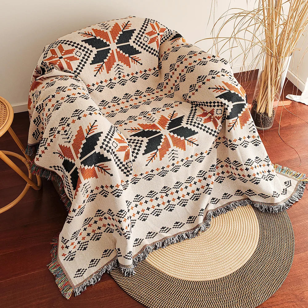 AztecLoom – Oversize boho prikrývka s strapcami z bavlneného mixu na pohovku a posteľ