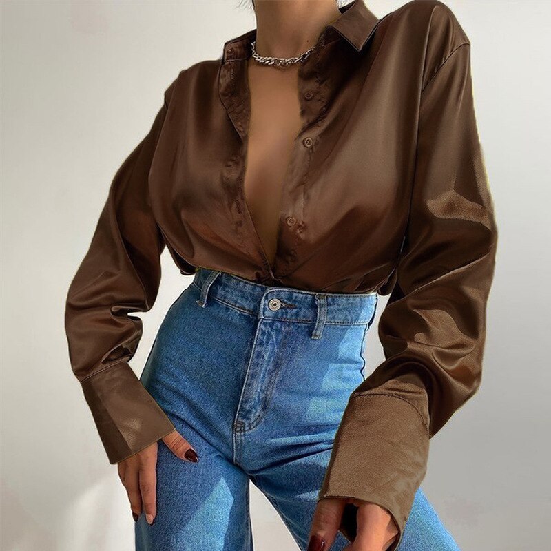 Devako Sophias Satinbluse mit Polokragen | Büro-Damen-Bluse aus Seide | Vintage-Design mit lockerem Knoten | Elegante Mode
