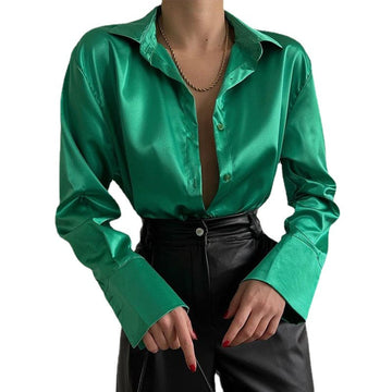 Devako Sophias Satinbluse mit Polokragen | Büro-Damen-Bluse aus Seide | Vintage-Design mit lockerem Knoten | Elegante Mode