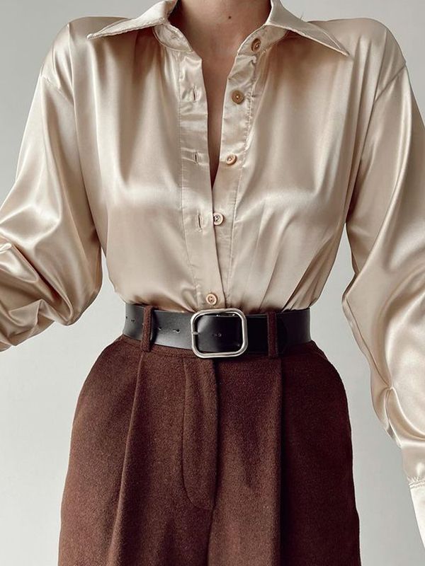 Devako Sophias Satinbluse mit Polokragen | Büro-Damen-Bluse aus Seide | Vintage-Design mit lockerem Knoten | Elegante Mode