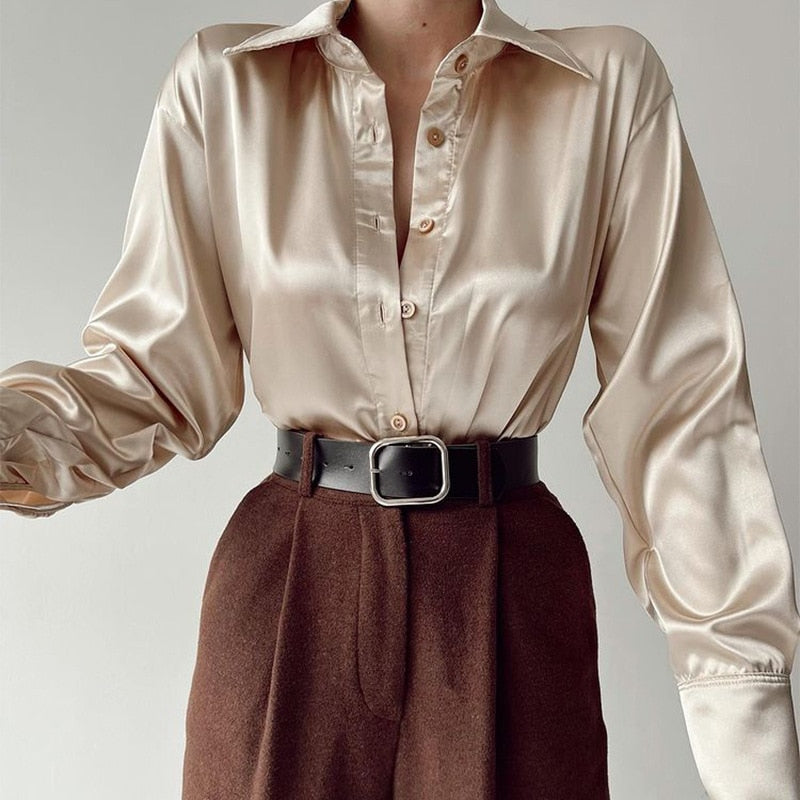 Devako Sophias Satinbluse mit Polokragen | Büro-Damen-Bluse aus Seide | Vintage-Design mit lockerem Knoten | Elegante Mode