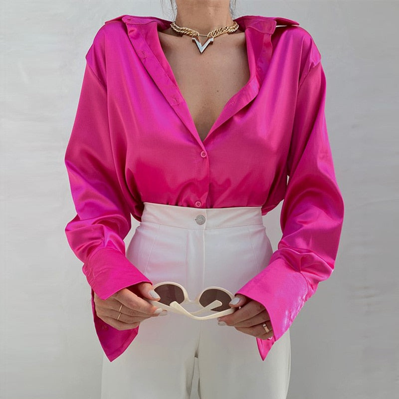 Devako Sophias Satinbluse mit Polokragen | Büro-Damen-Bluse aus Seide | Vintage-Design mit lockerem Knoten | Elegante Mode