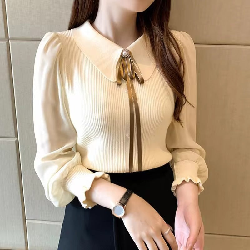 Maglione elegante in chiffon | Maglione elegante con maniche a lanterna e colletto