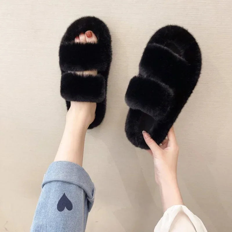 FurGlam - papuče z mäkkej kožušiny s prekríženými remienkami