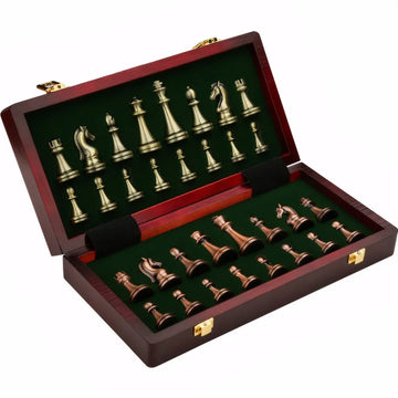 Ardente Antikes Schachspiel – Klappbares Massivholzbrett mit bronzenen Figuren (30 cm)