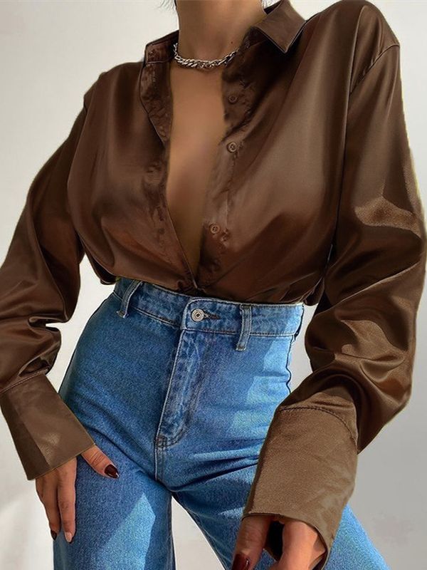 Devako Sophias Satinbluse mit Polokragen | Büro-Damen-Bluse aus Seide | Vintage-Design mit lockerem Knoten | Elegante Mode