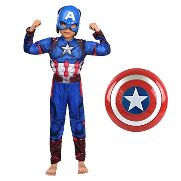 HeroVibe – Superhelden Muskelkostüm für Kinder mit Schild – Rot & Blau Karneval-Outfit