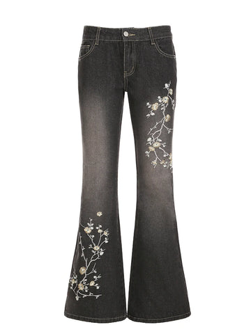 RetroBloom – Damen Jeans mit Blumenstickerei & Schlaghose – Party & Freizeit