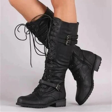 Linda - Flache Retro-Stiefel mit Schnalle und Schnürsenkeln