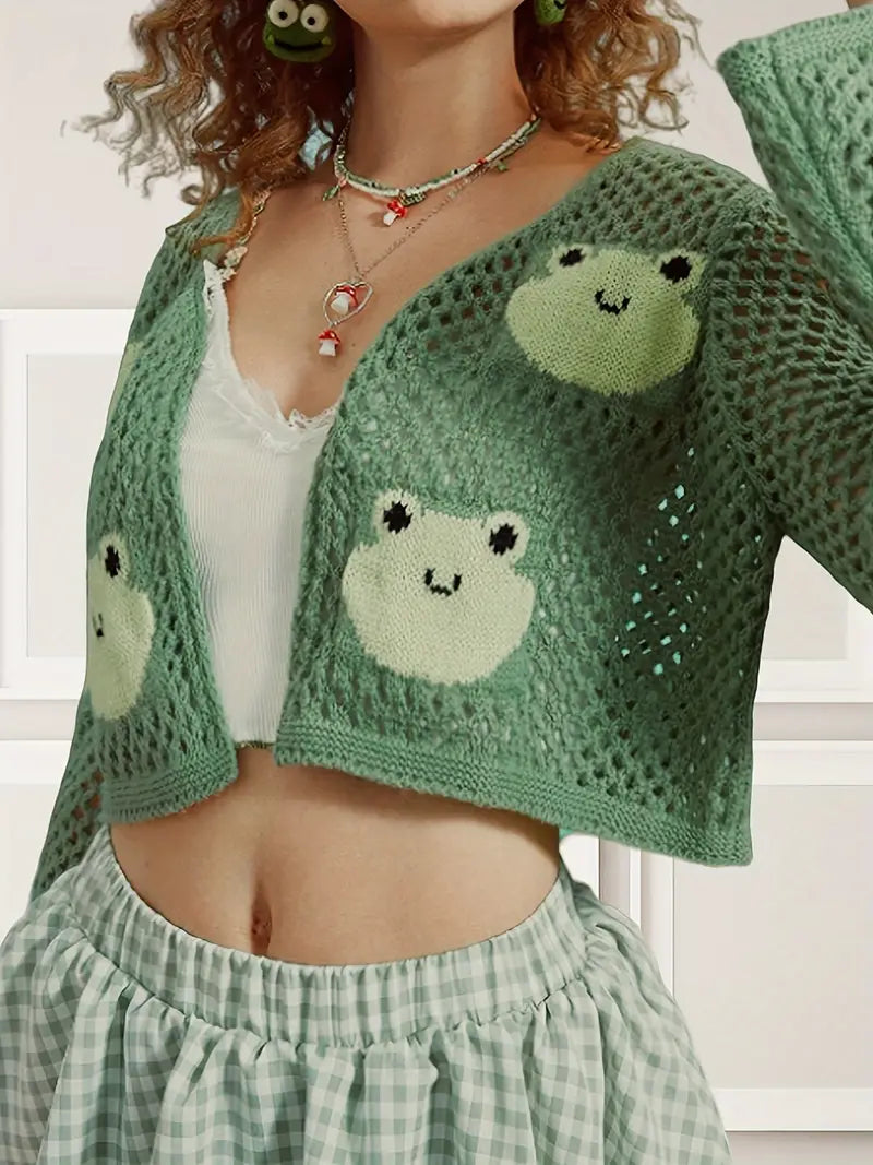 Serie - Roztomilý otvorený pletený sveter s motívom žaby pre veselý vzhľad