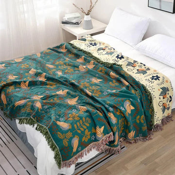 SkandiLoom – Couverture réversible en coton design scandinave – Oiseaux & Nature